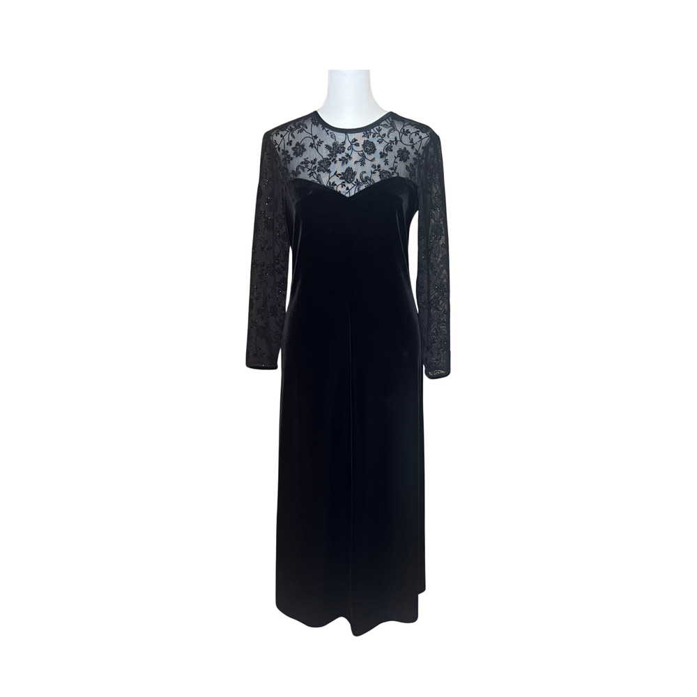 Vtg 90s Robbie Bee Velvet Maxi Dress Floral Mesh Sparkle Witchy Goth Formal Glam